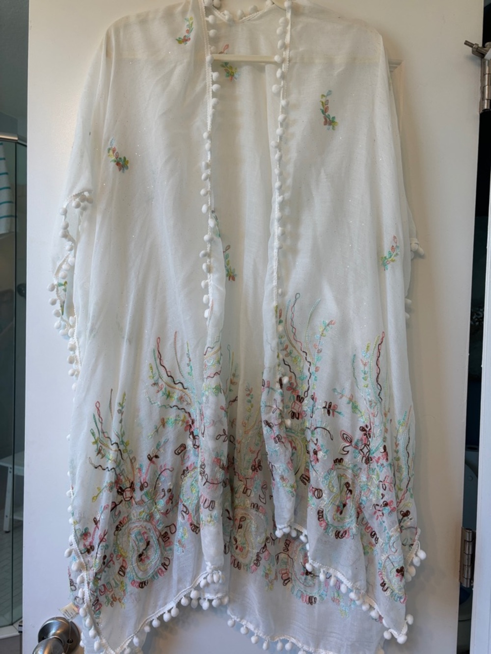 Sheer White Embroidered Pom Pom Kimono Cover-Up NWT